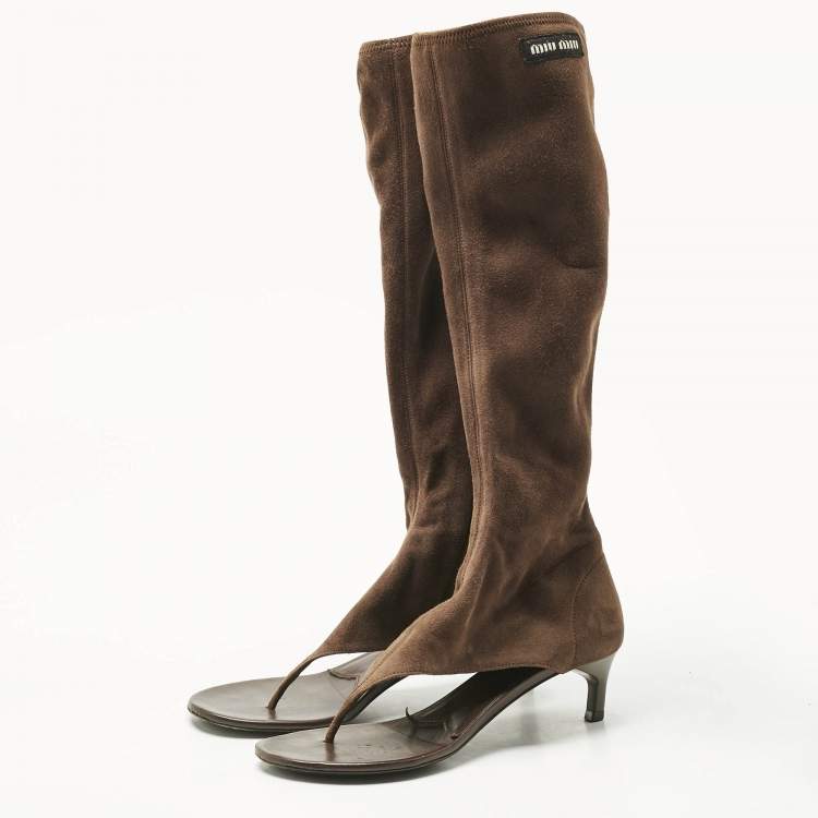 Pre Owned Miu Miu Brown Suede Thong Cut Out  Knee Length Boots Size 37