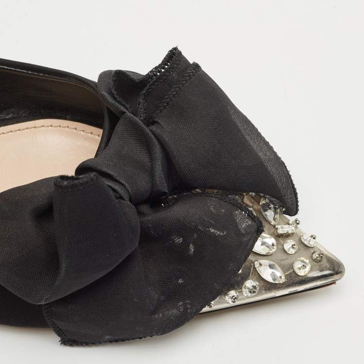 Pre Owned Miu Miu Black Satin Crystal Embellished Bow Buckle Ballet Flats Size 40