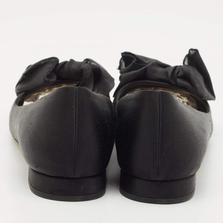 Pre Owned Miu Miu Black Satin Crystal Embellished Bow Buckle Ballet Flats Size 40