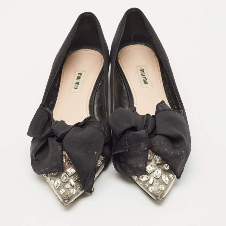 Pre Owned Miu Miu Black Satin Crystal Embellished Bow Buckle Ballet Flats Size 40