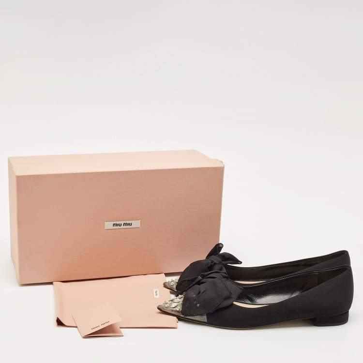 Pre Owned Miu Miu Black Satin Crystal Embellished Bow Buckle Ballet Flats Size 40