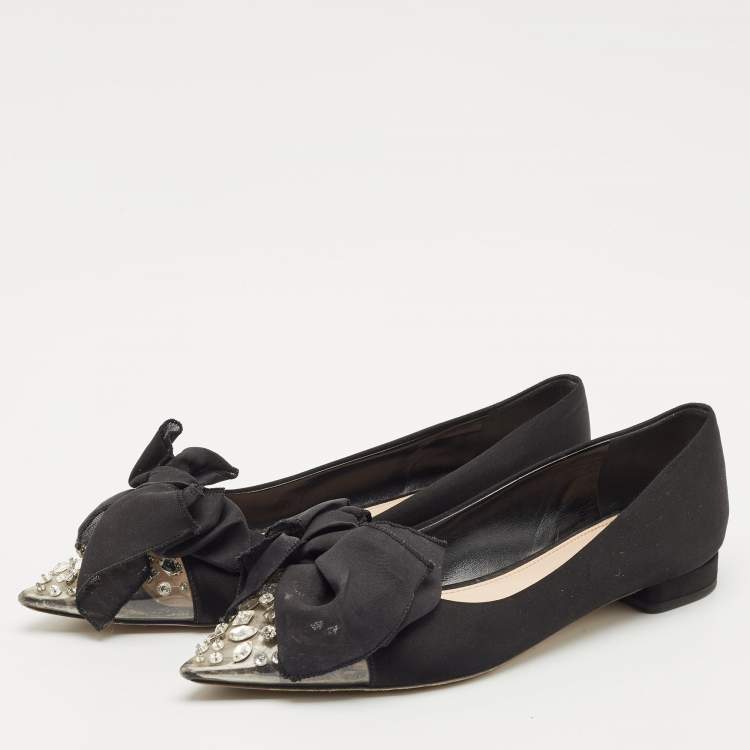 Pre Owned Miu Miu Black Satin Crystal Embellished Bow Buckle Ballet Flats Size 40