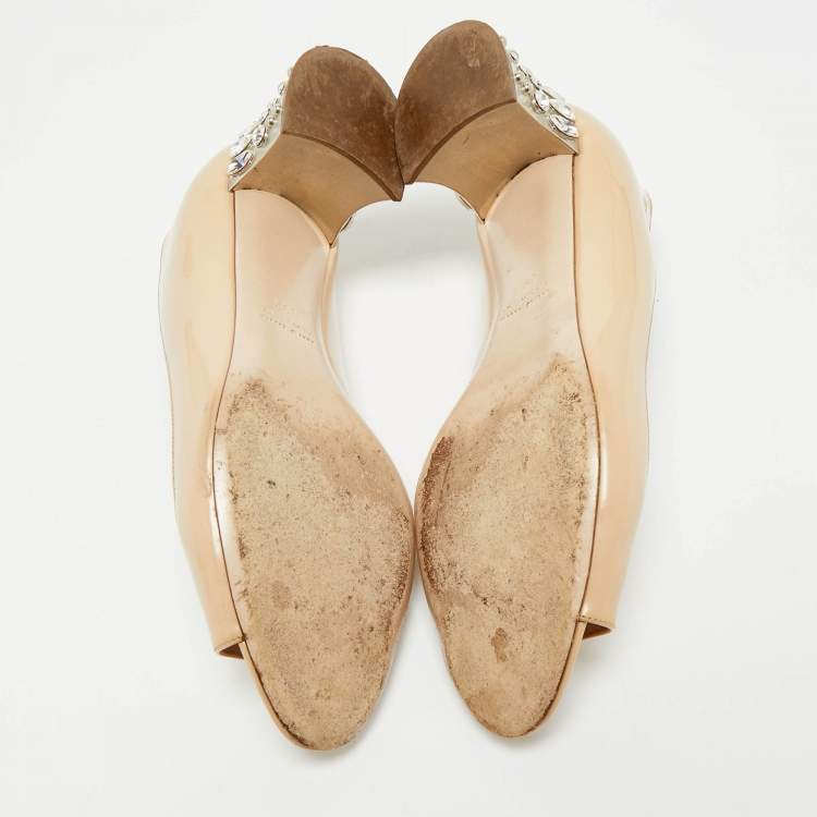 Pre Owned Miu Miu Beige Patent Leather Crystal Embellished Peep Toe Pumps Size 39.5