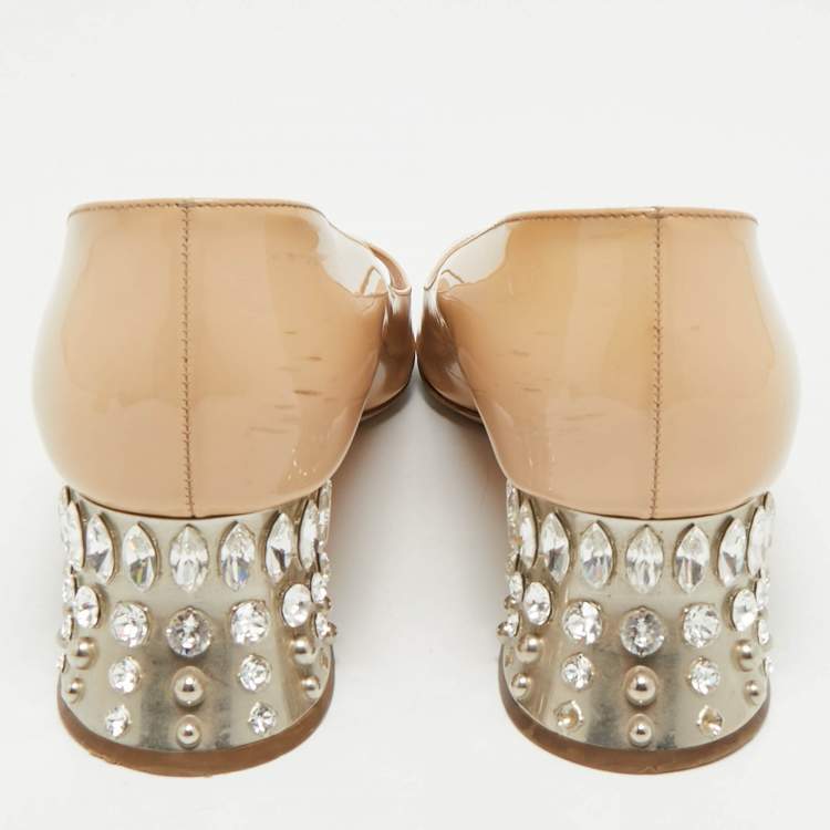 Pre Owned Miu Miu Beige Patent Leather Crystal Embellished Peep Toe Pumps Size 39.5