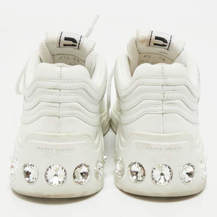 Pre Owned Miu Miu White Leather Crystal Embellished Low Top Sneakers Size 36