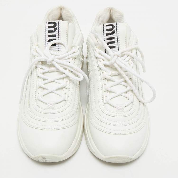 Pre Owned Miu Miu White Leather Crystal Embellished Low Top Sneakers Size 36