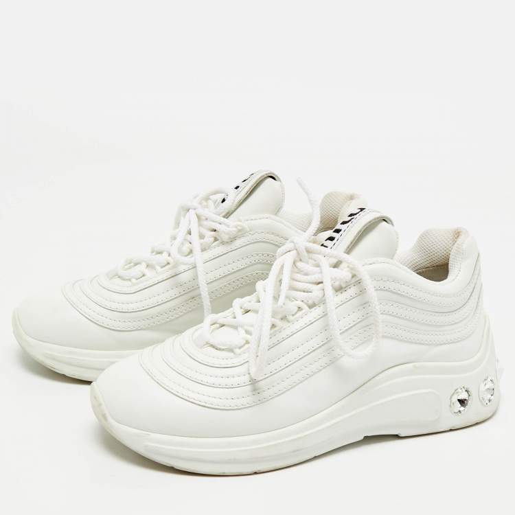 Pre Owned Miu Miu White Leather Crystal Embellished Low Top Sneakers Size 36