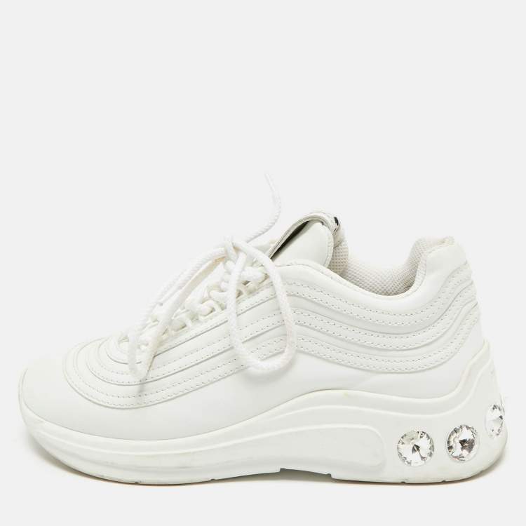 Pre Owned Miu Miu White Leather Crystal Embellished Low Top Sneakers Size 36