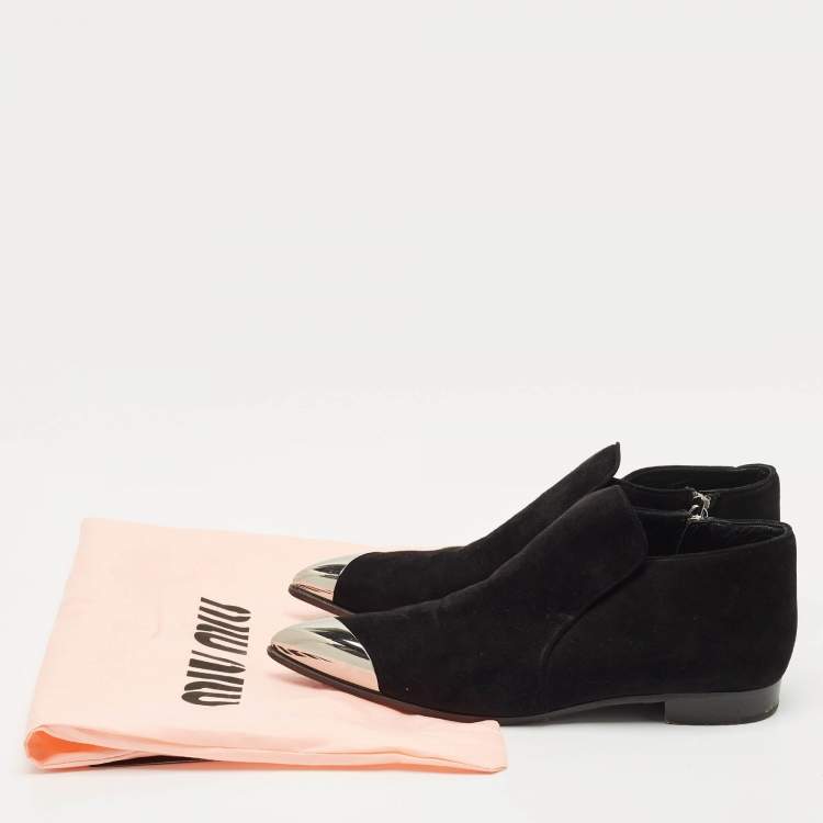 Pre Owned Miu Miu Black Suede and Metal Toe Ankle Boots Size 38