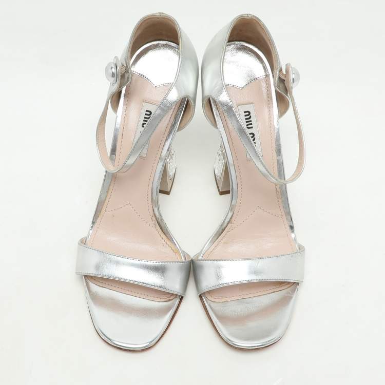 Pre Owned Miu Miu Silver Leather Crystal Embellished Heel Ankle Strap Sandals Size 38