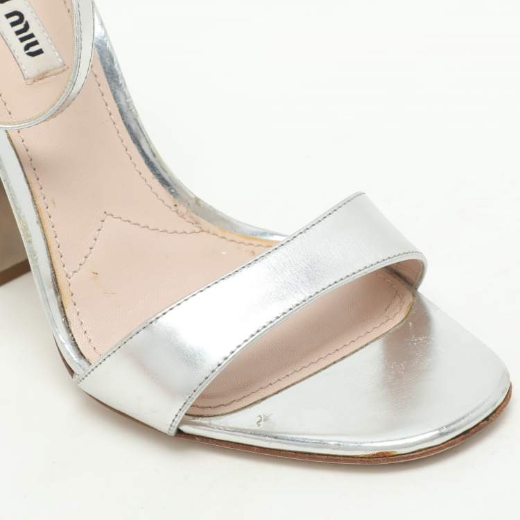 Pre Owned Miu Miu Silver Leather Crystal Embellished Heel Ankle Strap Sandals Size 38