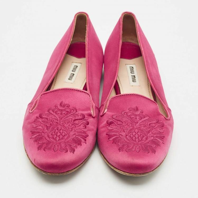 Pre Owned Miu Miu Red Satin Embroidered Velvet Crystal Embellished Smoking Slippers Size 37