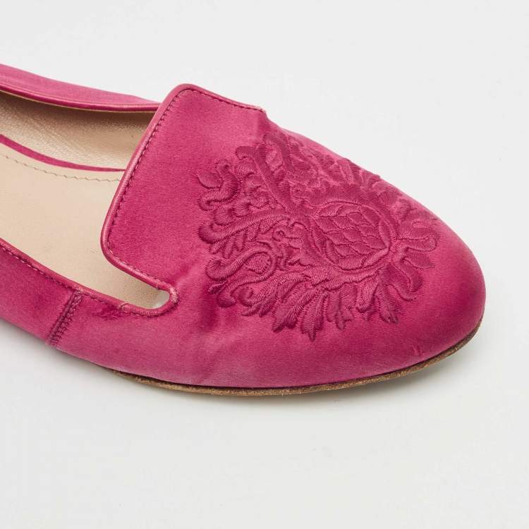 Pre Owned Miu Miu Red Satin Embroidered Velvet Crystal Embellished Smoking Slippers Size 37