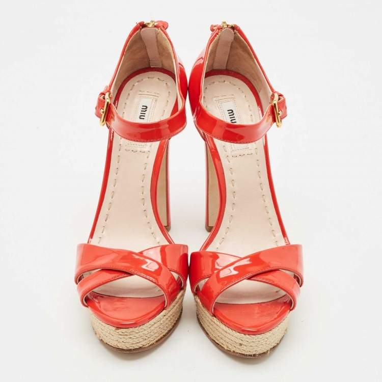 Pre Owned Miu Miu Red Patent Leather Platform Cross  Strap Sandals Size 37