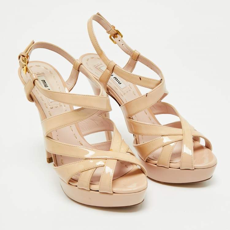 Pre Owned Miu Miu Nude Patent Leather Platform Ankle Strap Sandals Size 37.5
