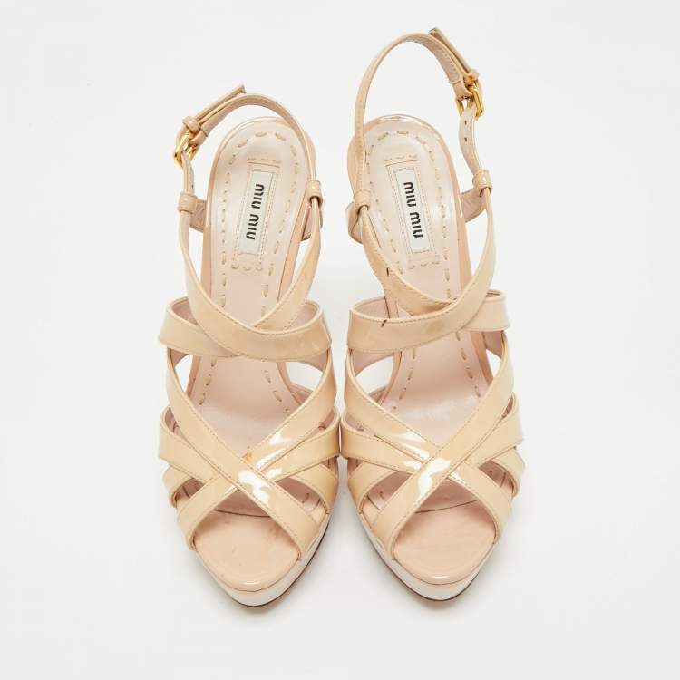 Pre Owned Miu Miu Nude Patent Leather Platform Ankle Strap Sandals Size 37.5