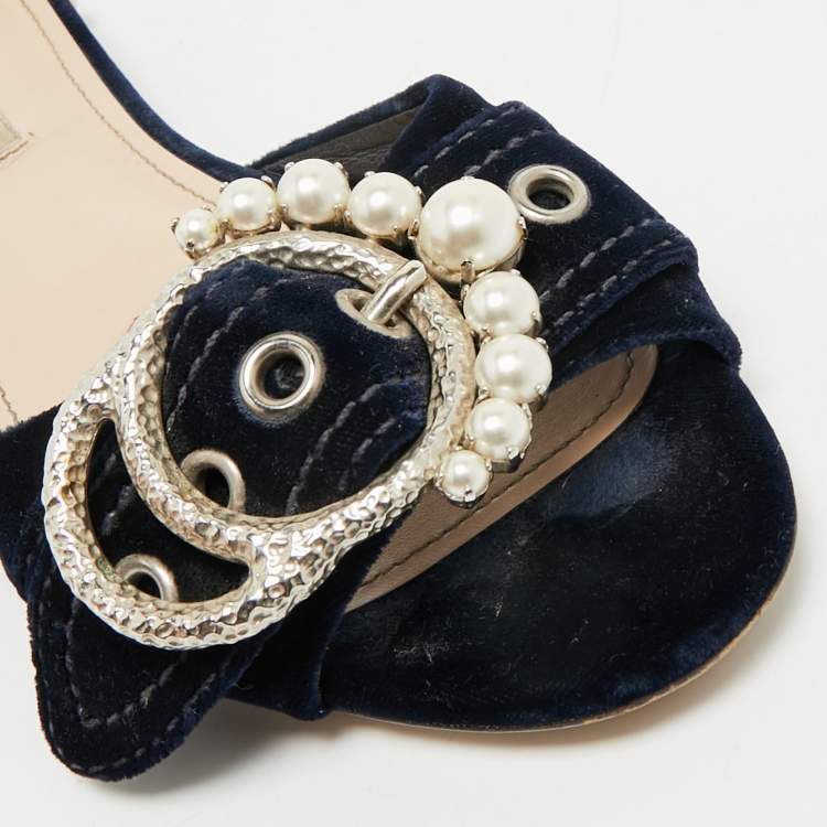 Pre Owned Miu Miu Navy Blue Velvet Embellished Flat Slides Size 39.5