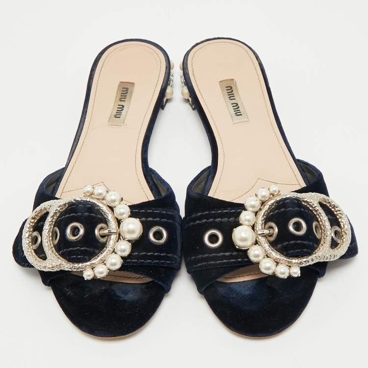 Pre Owned Miu Miu Navy Blue Velvet Embellished Flat Slides Size 39.5