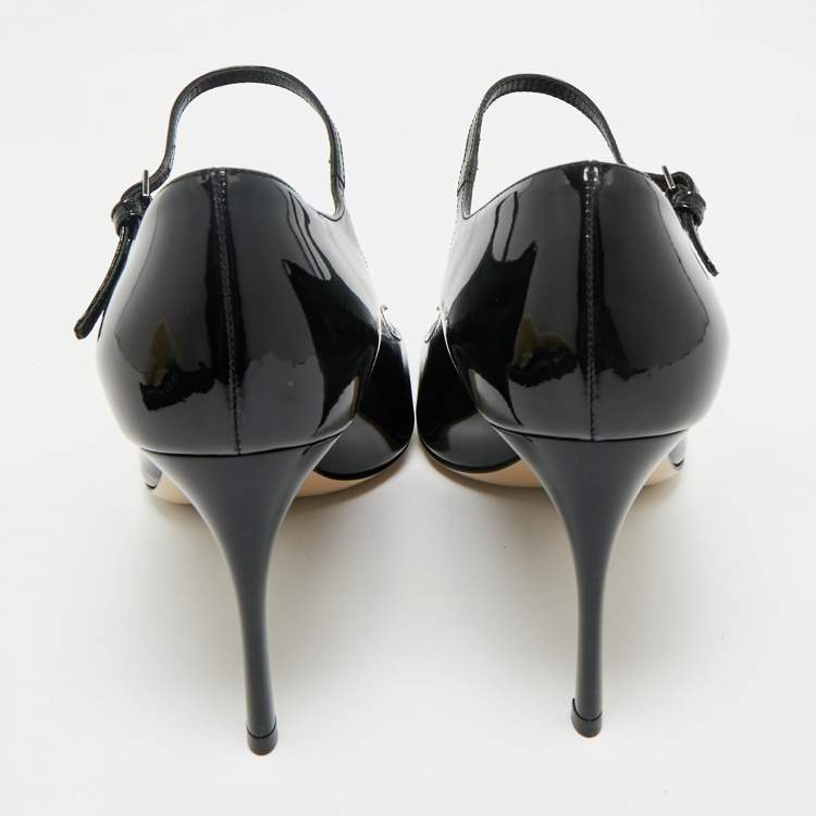 Pre Owned Miu Miu Black Patent Leather Crystal Embellished  Peep Toe Pumps Size 37.5