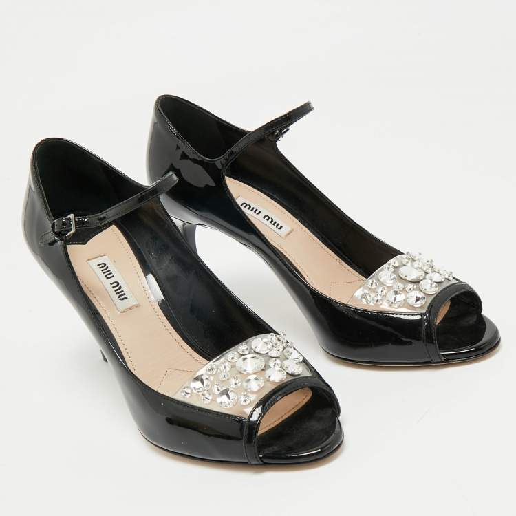 Pre Owned Miu Miu Black Patent Leather Crystal Embellished  Peep Toe Pumps Size 37.5