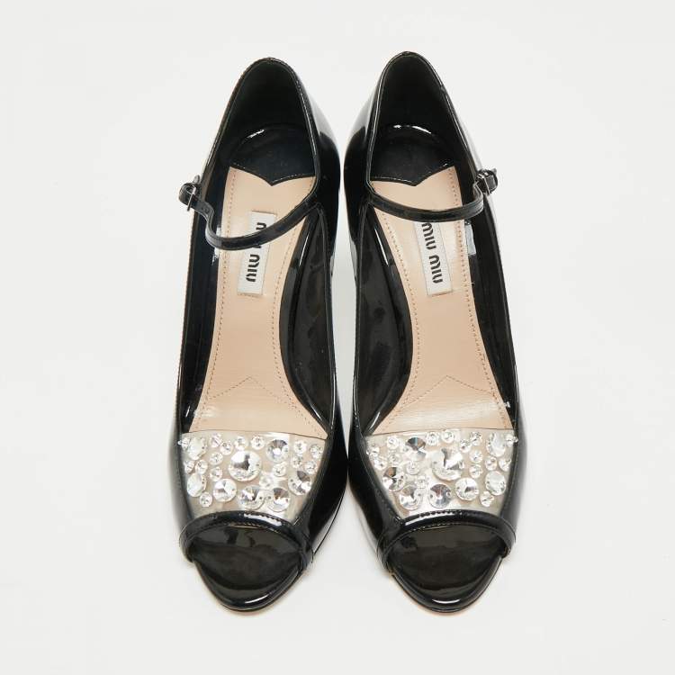 Pre Owned Miu Miu Black Patent Leather Crystal Embellished  Peep Toe Pumps Size 37.5