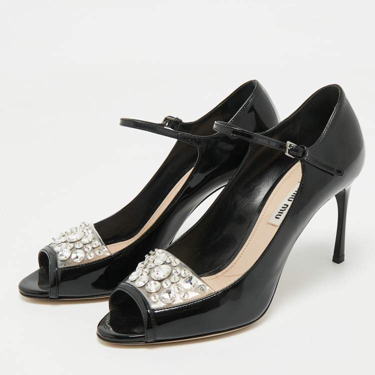 Pre Owned Miu Miu Black Patent Leather Crystal Embellished  Peep Toe Pumps Size 37.5