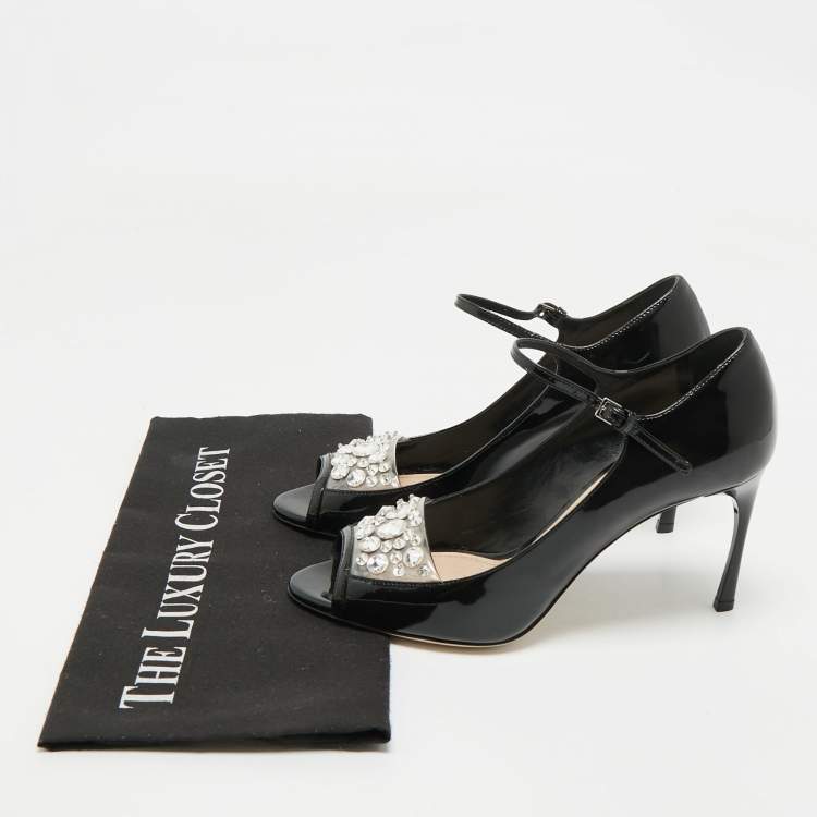 Pre Owned Miu Miu Black Patent Leather Crystal Embellished  Peep Toe Pumps Size 37.5
