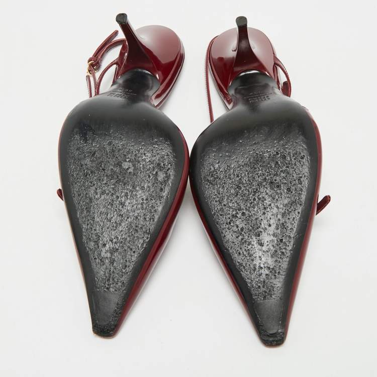 Pre Owned Miu Miu Burgundy Patent Leather Pointed Toe Buckle Slingback Pumps Size 39.5