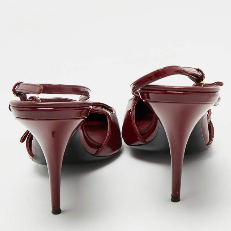 Pre Owned Miu Miu Burgundy Patent Leather Pointed Toe Buckle Slingback Pumps Size 39.5