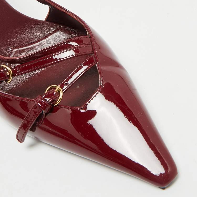 Pre Owned Miu Miu Burgundy Patent Leather Pointed Toe Buckle Slingback Pumps Size 39.5