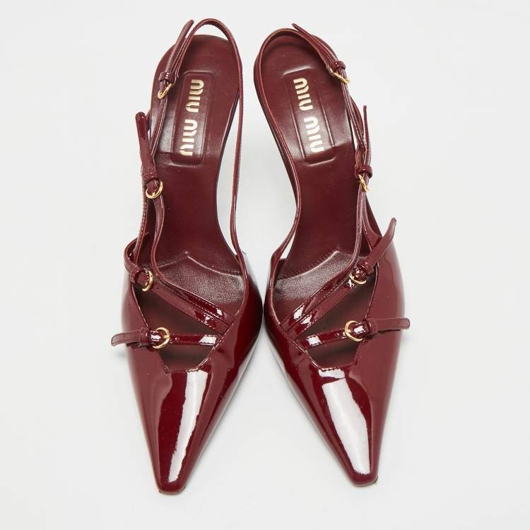 Pre Owned Miu Miu Burgundy Patent Leather Pointed Toe Buckle Slingback Pumps Size 39.5