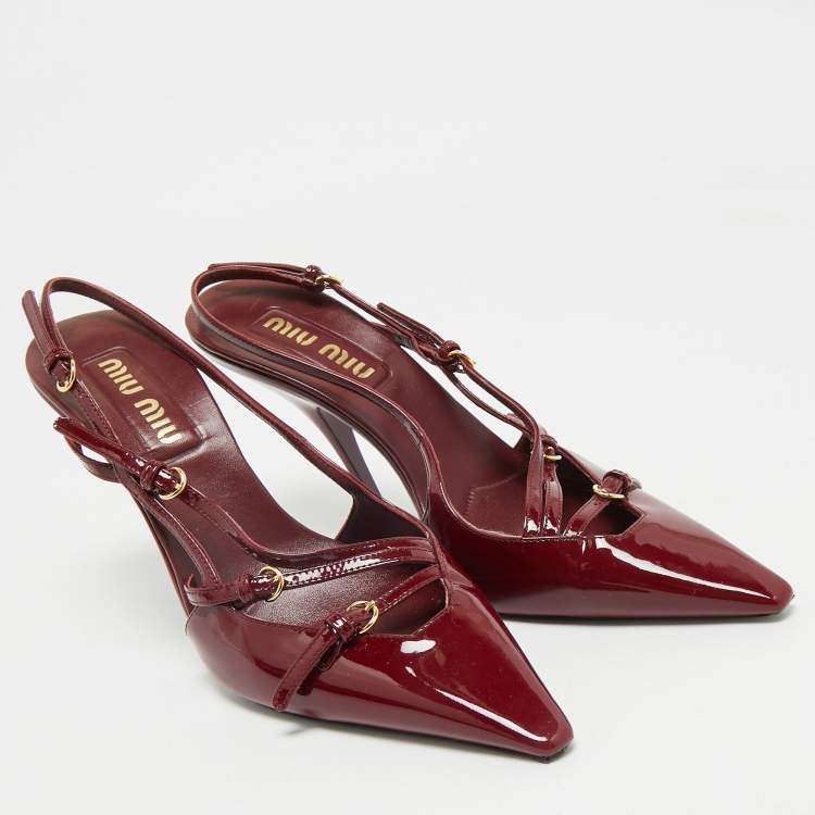 Pre Owned Miu Miu Burgundy Patent Leather Pointed Toe Buckle Slingback Pumps Size 39.5
