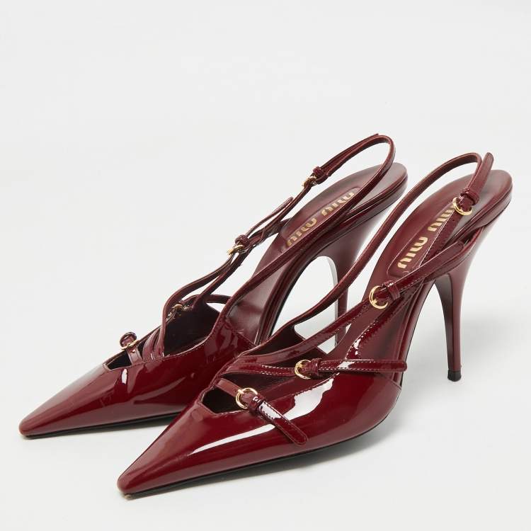 Pre Owned Miu Miu Burgundy Patent Leather Pointed Toe Buckle Slingback Pumps Size 39.5