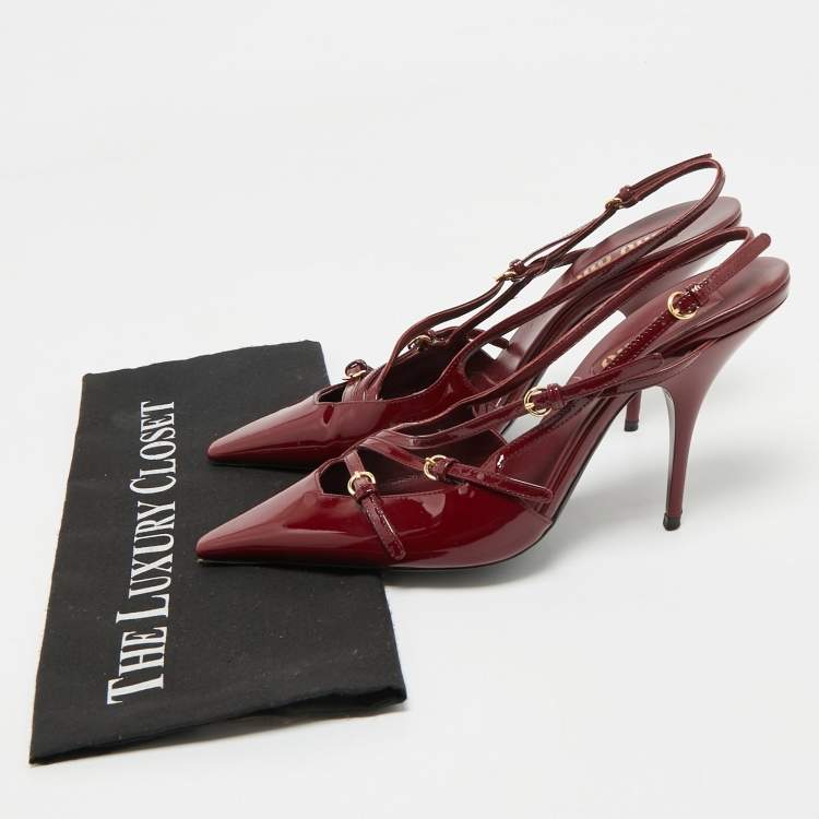 Pre Owned Miu Miu Burgundy Patent Leather Pointed Toe Buckle Slingback Pumps Size 39.5