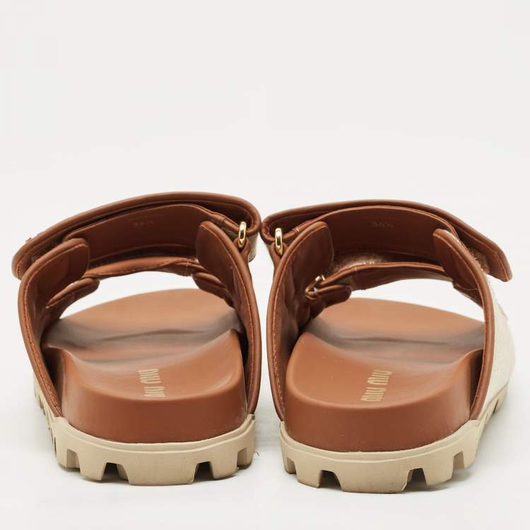 Pre Owned Miu Miu Beige/Brown Canvas and Leather Neutral Mules Size 36.5
