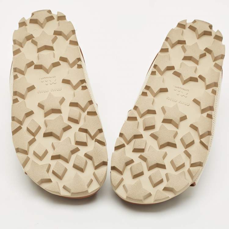 Pre Owned Miu Miu Beige/Brown Canvas and Leather Neutral Mules Size 36.5