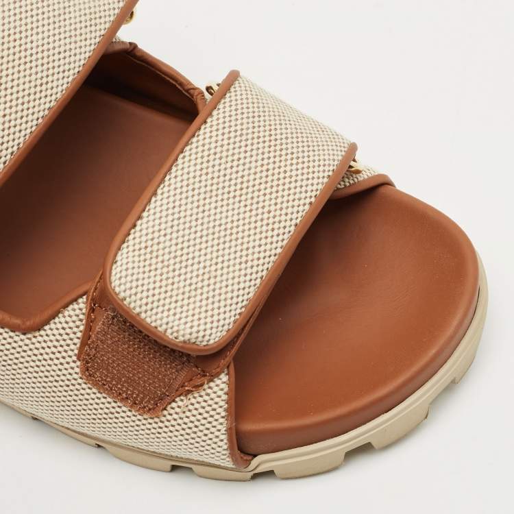 Pre Owned Miu Miu Beige/Brown Canvas and Leather Neutral Mules Size 36.5