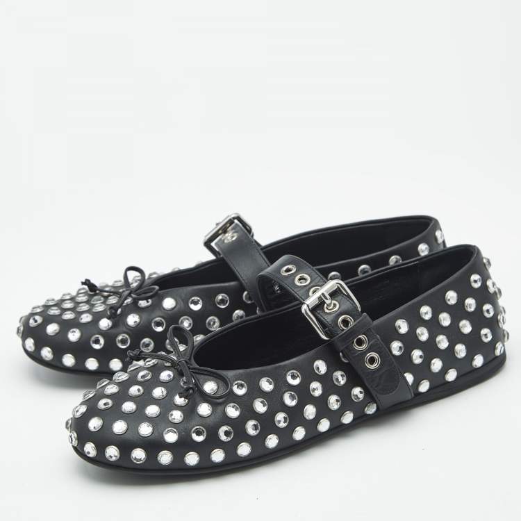 Pre Owned Miu Miu Black Leather Crystal Embellished Ballet Flats Size 37.5