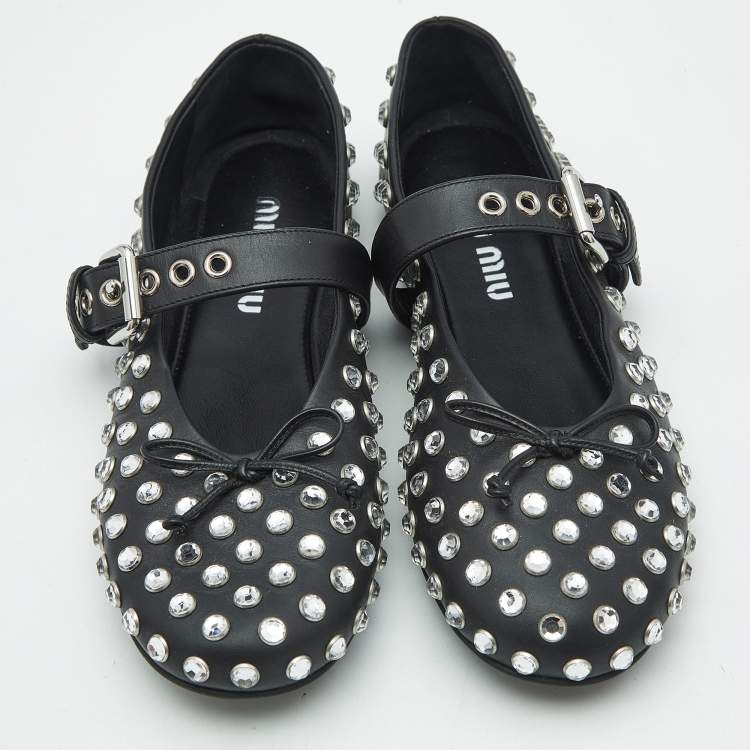 Pre Owned Miu Miu Black Leather Crystal Embellished Ballet Flats Size 37.5