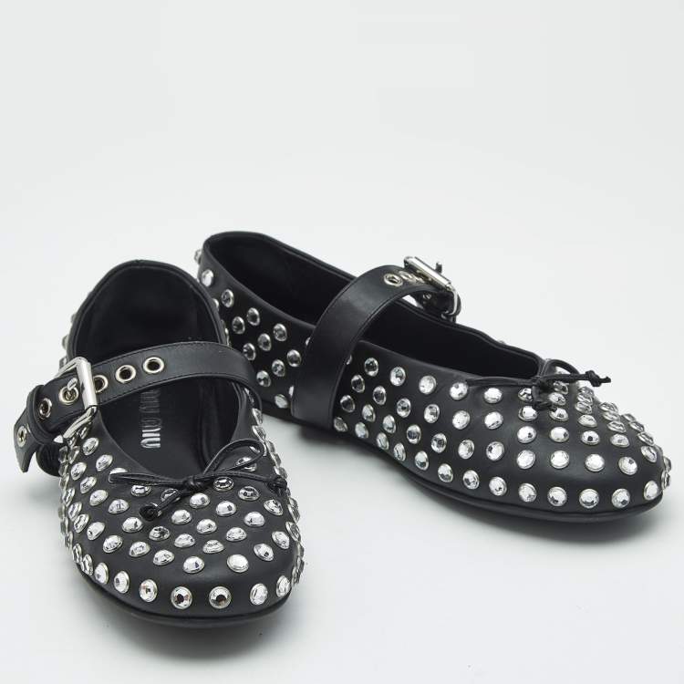 Pre Owned Miu Miu Black Leather Crystal Embellished Ballet Flats Size 37.5