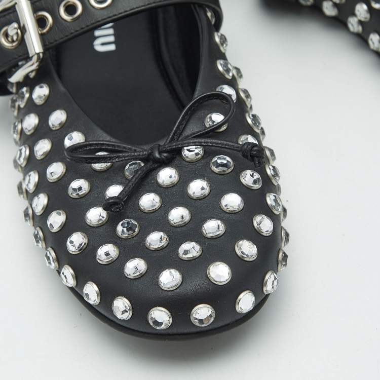 Pre Owned Miu Miu Black Leather Crystal Embellished Ballet Flats Size 37.5