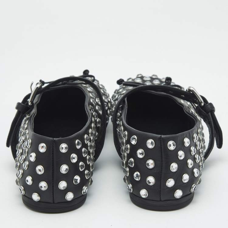 Pre Owned Miu Miu Black Leather Crystal Embellished Ballet Flats Size 37.5