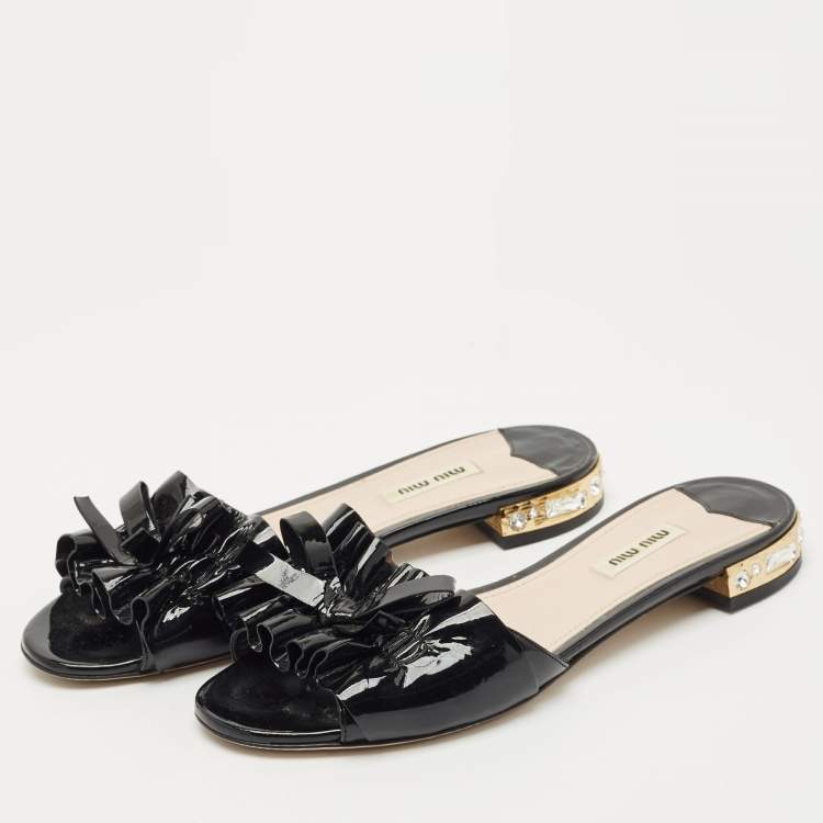 Pre Owned Miu Miu Black  Patent Leather Crystal Embellished Slide Sandals Size 39