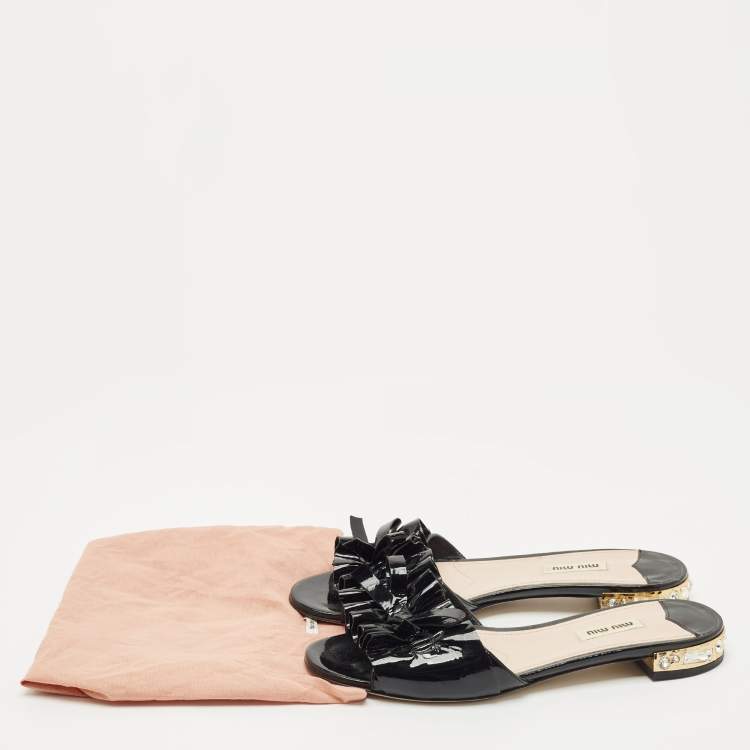 Pre Owned Miu Miu Black  Patent Leather Crystal Embellished Slide Sandals Size 39