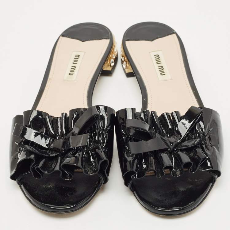 Pre Owned Miu Miu Black  Patent Leather Crystal Embellished Slide Sandals Size 39