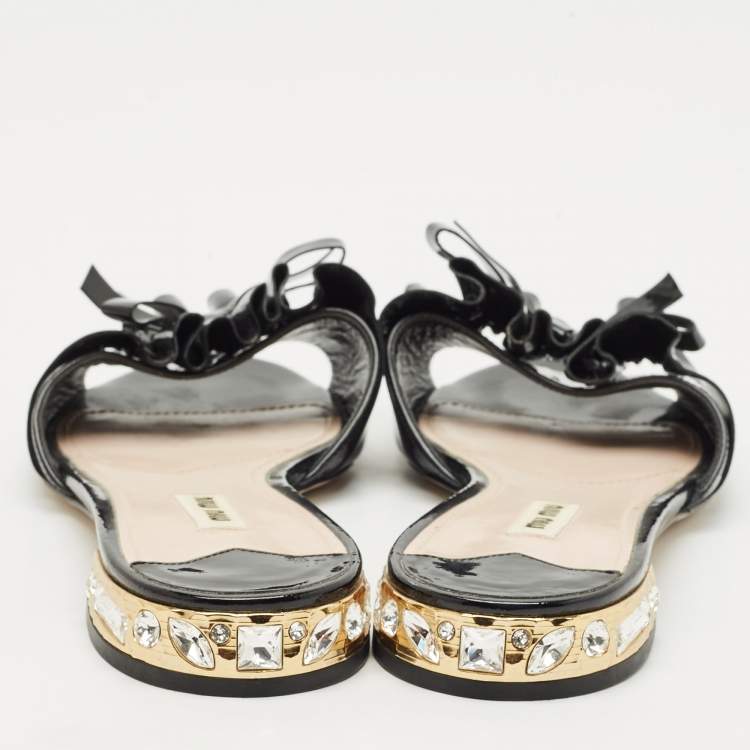 Pre Owned Miu Miu Black  Patent Leather Crystal Embellished Slide Sandals Size 39