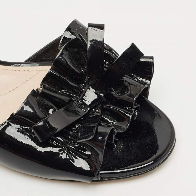 Pre Owned Miu Miu Black  Patent Leather Crystal Embellished Slide Sandals Size 39