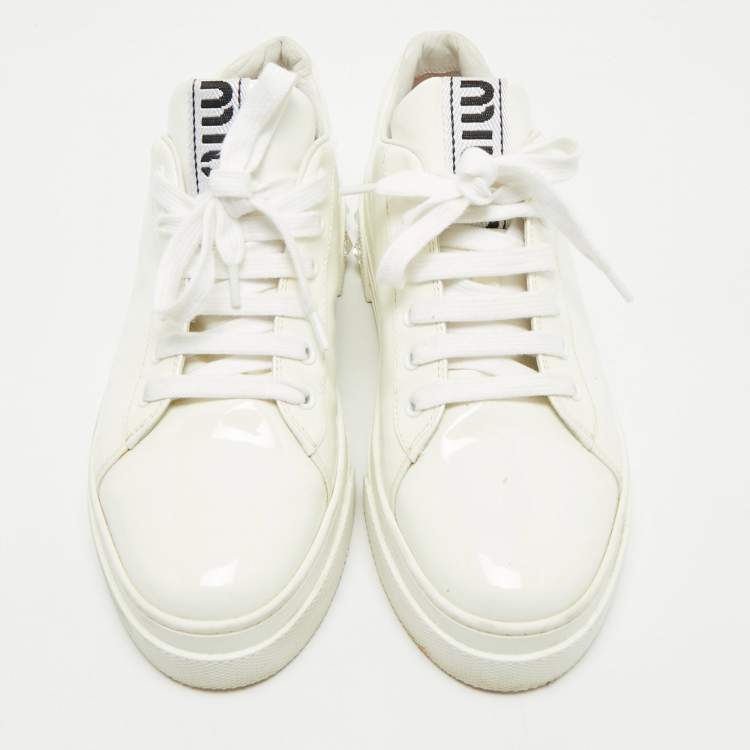Pre Owned Miu Miu White Patent Leather Crystal Embellished Platform Low Top Sneakers Size 39