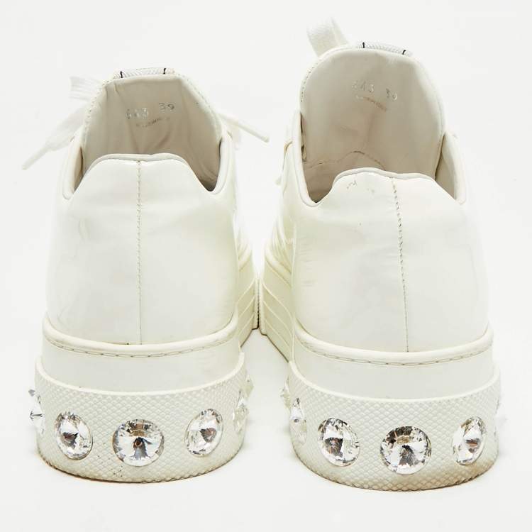 Pre Owned Miu Miu White Patent Leather Crystal Embellished Platform Low Top Sneakers Size 39