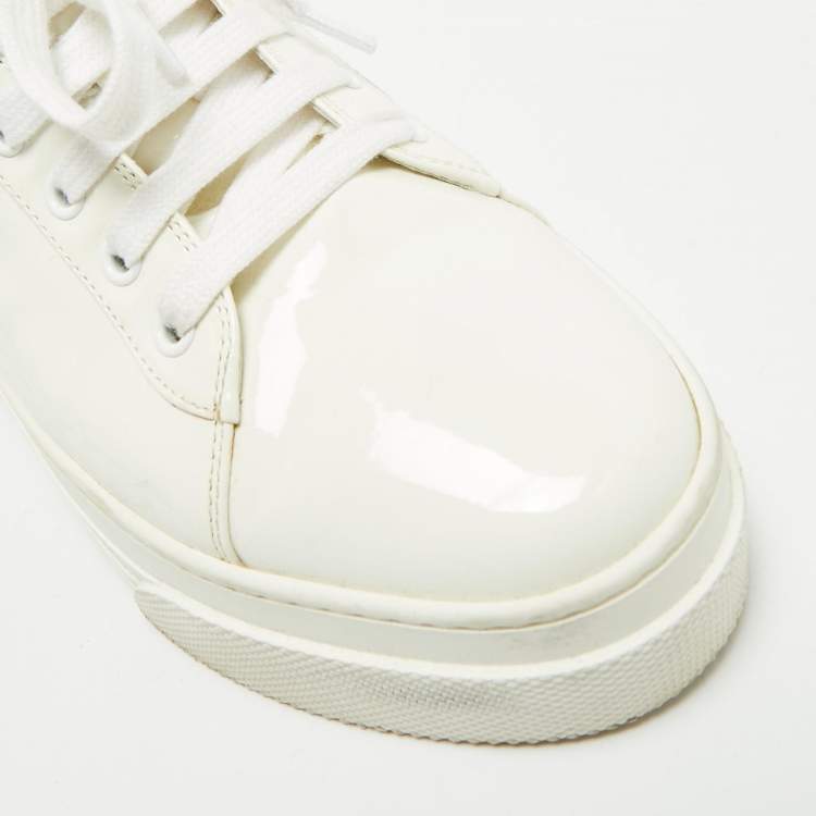 Pre Owned Miu Miu White Patent Leather Crystal Embellished Platform Low Top Sneakers Size 39